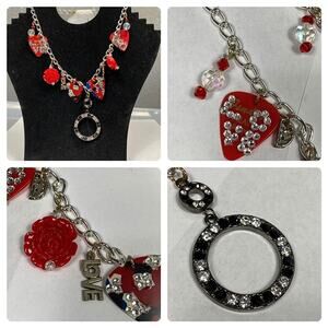 Red Heart & Rose Charm Statement Necklace – Rhinestones, Love Pendant, Rockabill